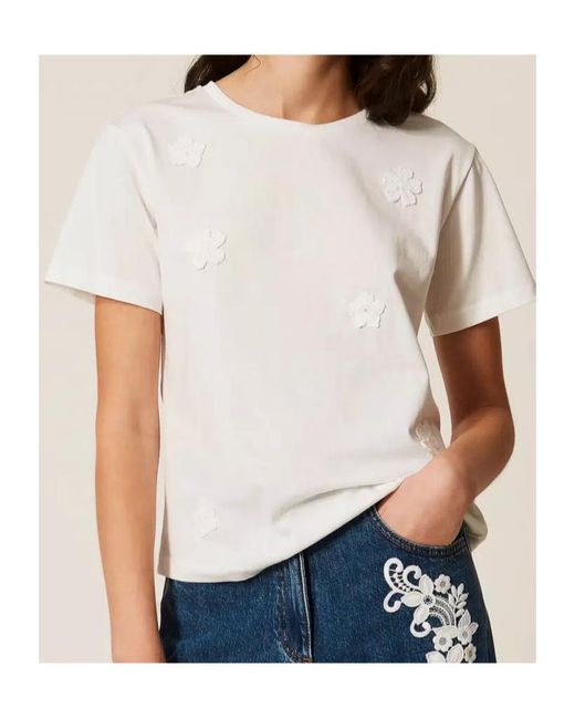 Twinset White Floral-Appliqué T-Shirt