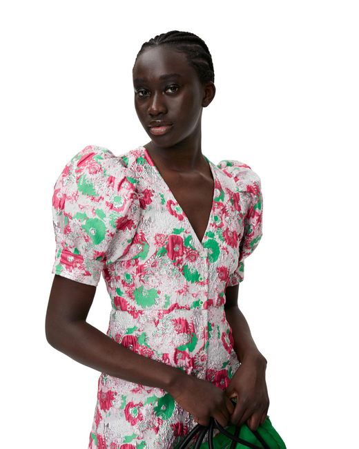 Ganni Pink Floral Printed V-Neck Mini Dress