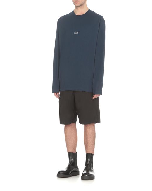 MSGM Blue Logo-Print Long-Sleeve Cotton T-Shirt for men