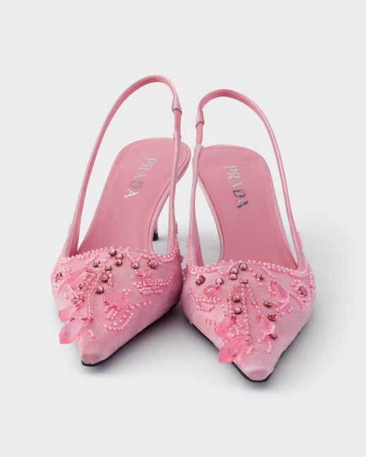 Prada Pink Embroidered Satin Slingback Pumps