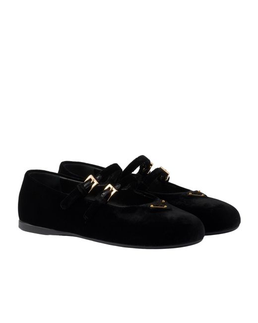 Prada Black Almond-Toe Velvet-Finish Ballerina Shoes
