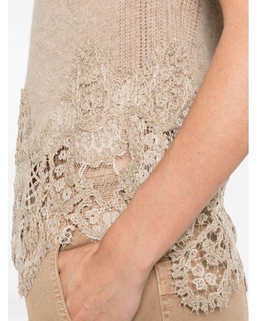 Ermanno Scervino Natural Lace-Trimmed Crewneck T-Shirt