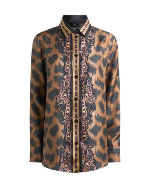 Etro Brown Silk Twill Shirt With Animal Motif