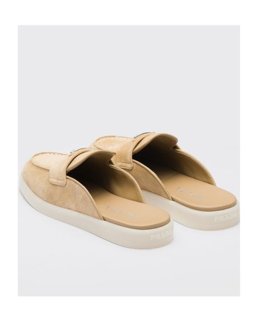 Prada White Triangle-Logo Round-Toe Slippers