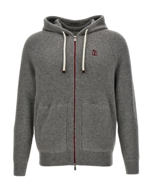 Brunello Cucinelli Gray Embroidered Logo Cashmere Cardigan for men