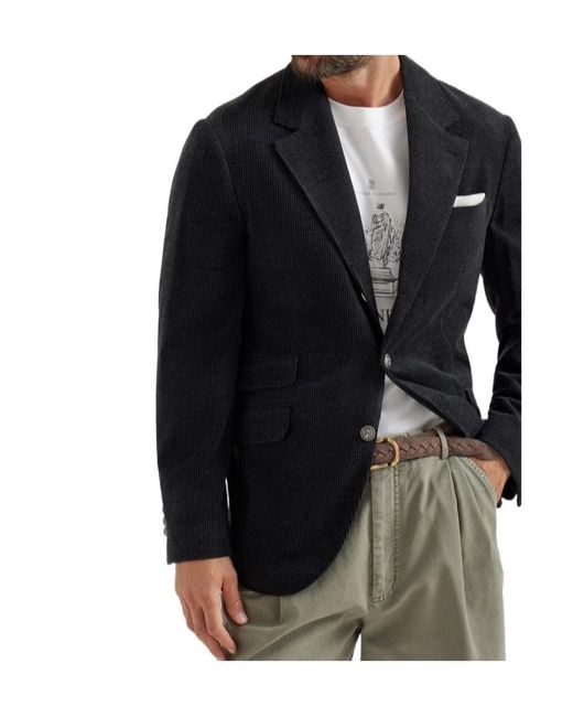 Brunello Cucinelli Black Three-Button Corduroy Blazer for men