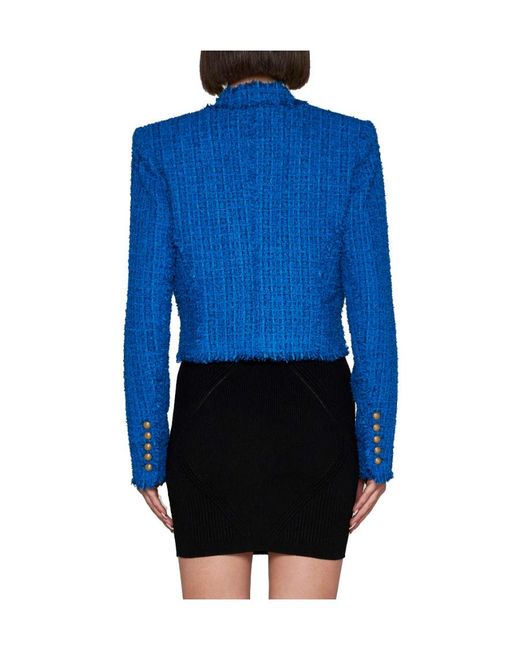 Balmain Blue Double-Breasted Cropped Jacket