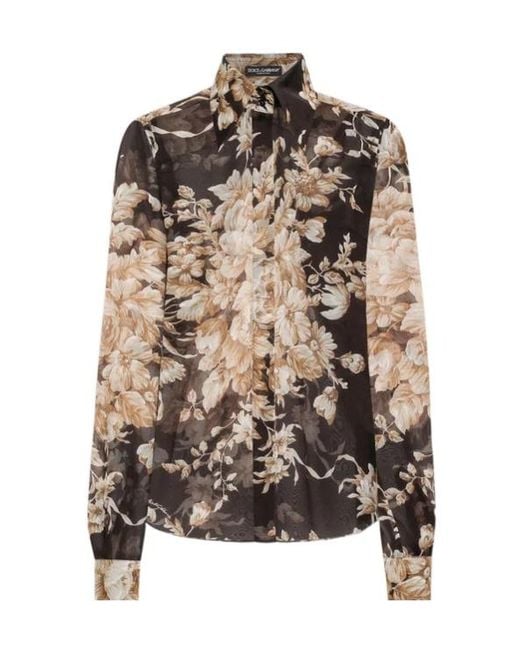 Dolce & Gabbana Brown Rose Printed Chiffon Shirt