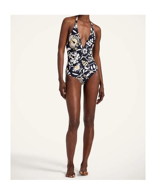 LaDoubleJ Blue Halter-Neck Floral Swimsuit