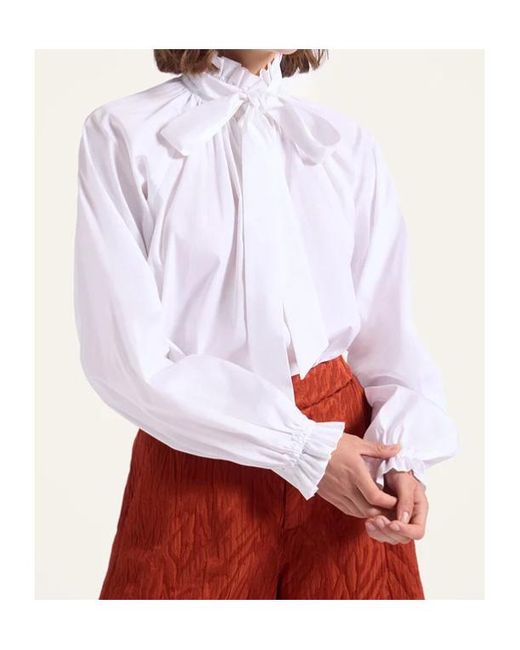 LaDoubleJ White Tie-Neck Cotton Blouse