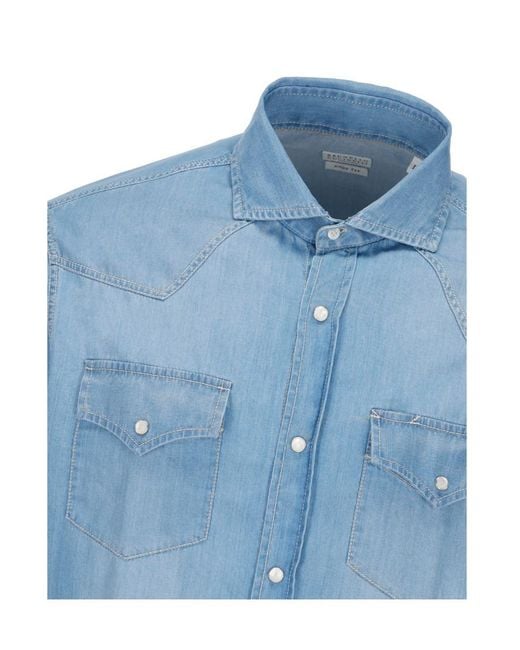 Brunello Cucinelli Blue Long-Sleeved Denim Shirt for men