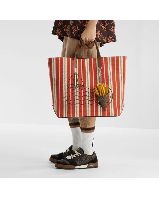 Fendi Red Logo Printed Striped Medium Tote Bag for men