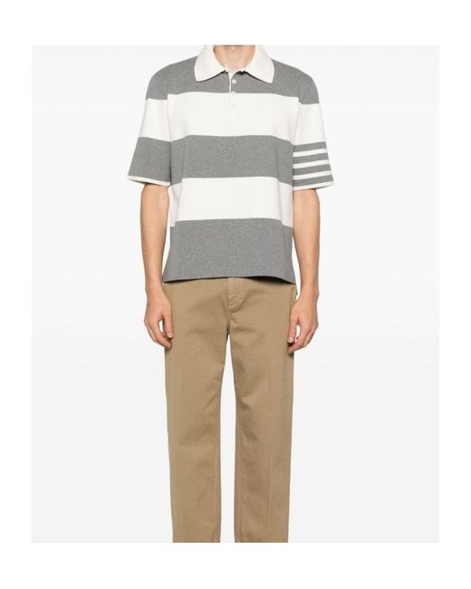 Thom Browne Gray Short-Sleeved Polo Shirt With Horizontal Stripes And Classic Collar for men