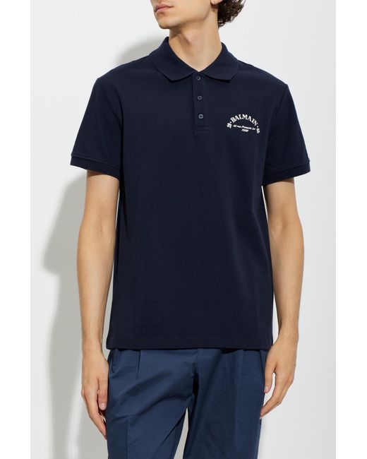 Balmain Blue Logo-Print Cotton Polo Shirt for men