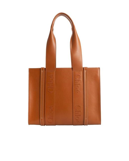 Chloé Brown Chloé Woody Logo Embroidered Medium Tote Bag