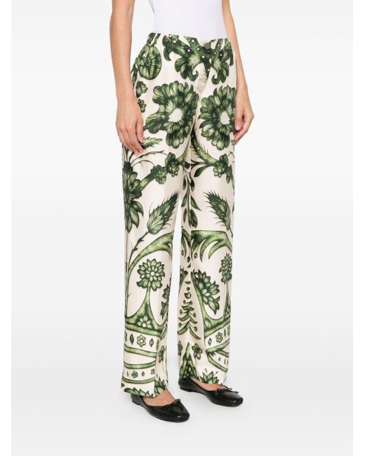 F.R.S For Restless Sleepers Green Floral-Print Silk Trousers