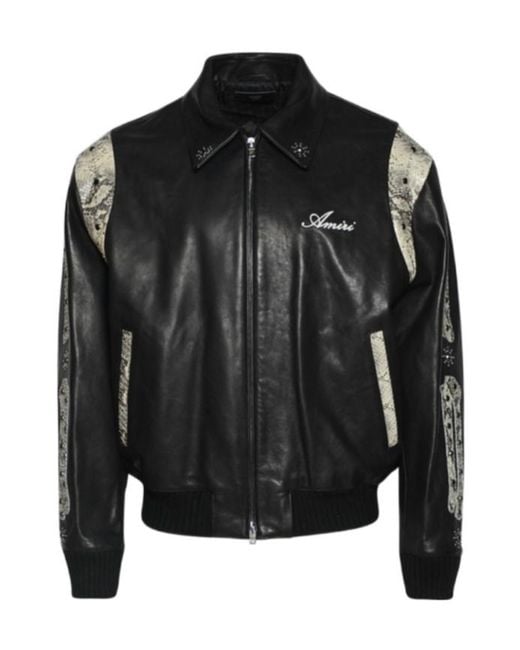 Amiri Black Snake-Effect Studded Bones Leather Jacket for men
