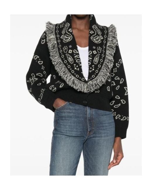Alanui Black Paisley-Jacquard Fringed Cardigan