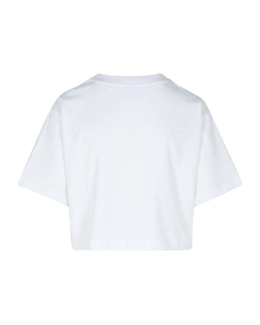 Moschino White Jeans Logo Printed Cropped Jersey T-Shirt
