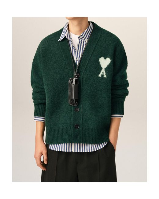 AMI Green Long-Sleeved Cardigan for men