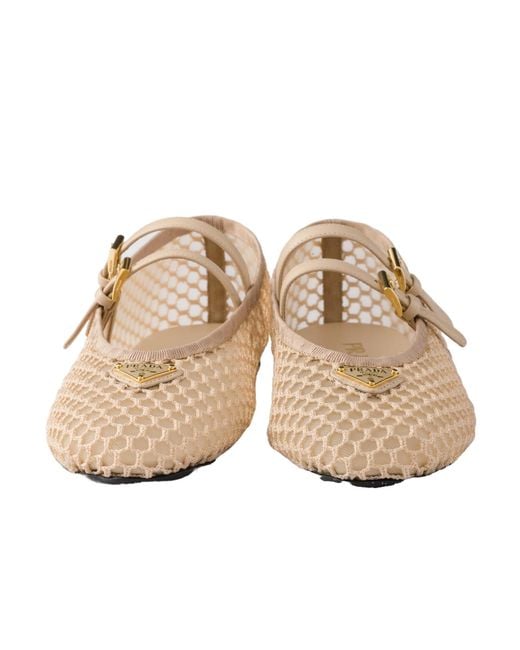 Prada Natural Triangle-Logo Mesh Ballet Flats