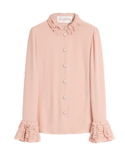 Valentino Pink Georgette Ruffled Button-Up Shirt
