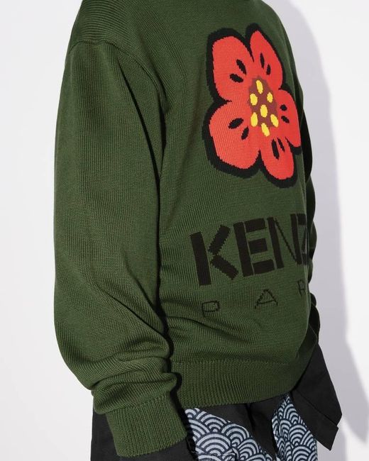 KENZO Green Boke Flower Logo Intarsia Crewneck Jumper for men