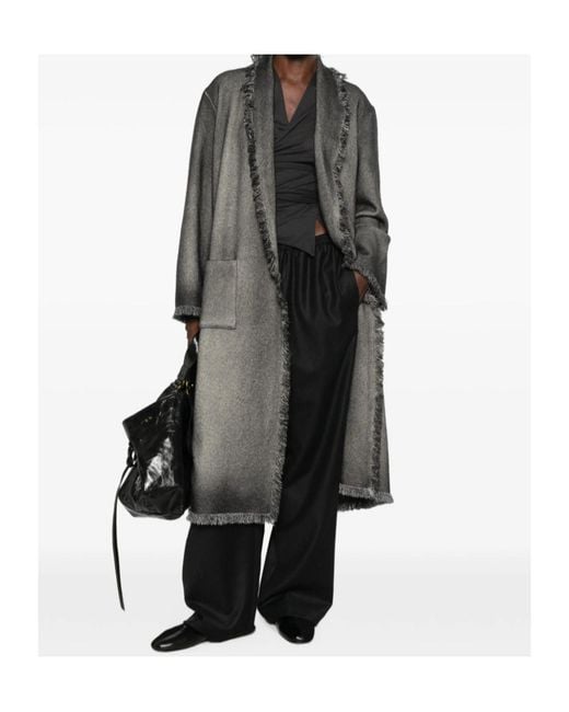 Avant Toi Gray Fringed-Trim Herringbone-Weave Coat