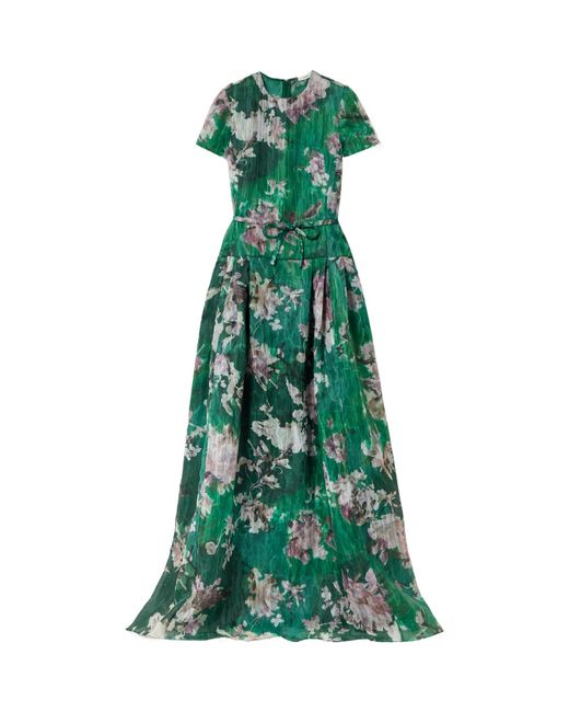Erdem Green Floral-Print Short-Sleeve Gown