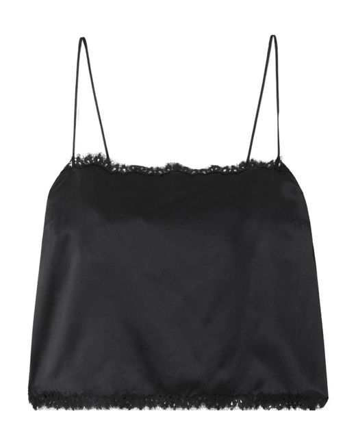 Doen Black Loure Lace-Trimmed Silk-Satin Top
