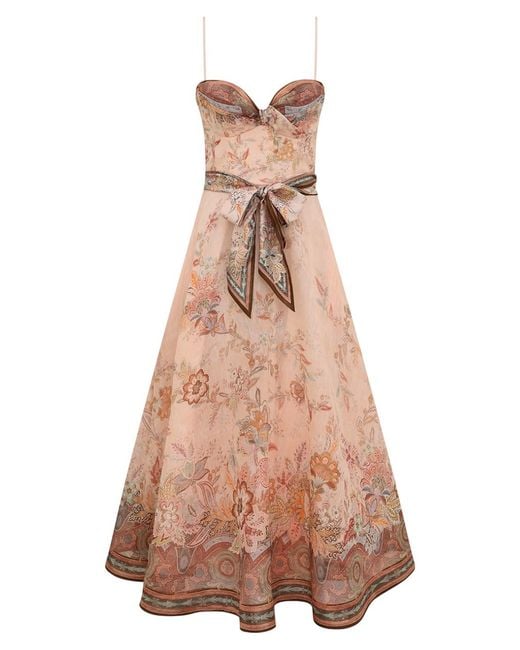 Zimmermann Natural Floral Belted Midi Dress