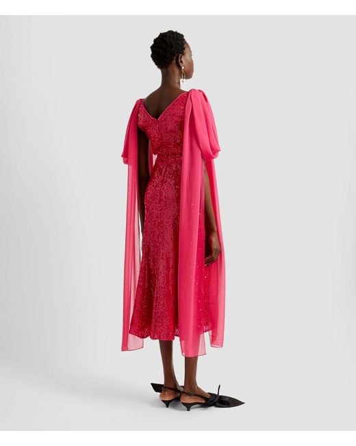Erdem Red Drape-Shoulder Sequinned Midi Dress