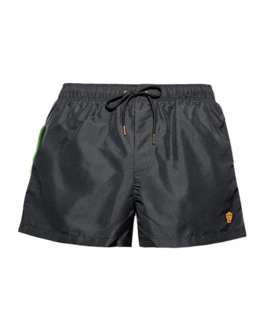 Versace Gray Drawstring Logo-Patch Swim Shorts for men