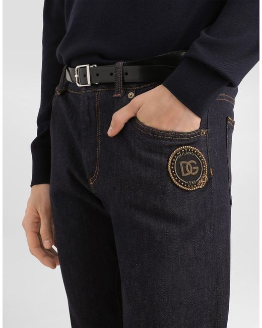 Dolce & Gabbana Blue Logo Embroidered Slim Jeans for men