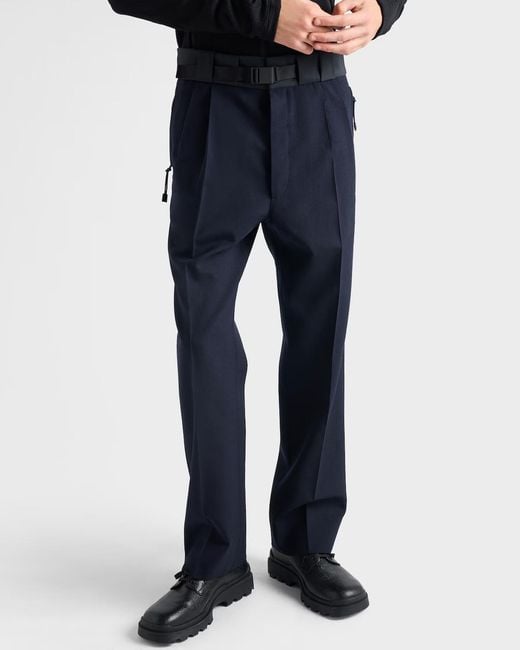 Prada Blue Wool Pants With Technical Details for men