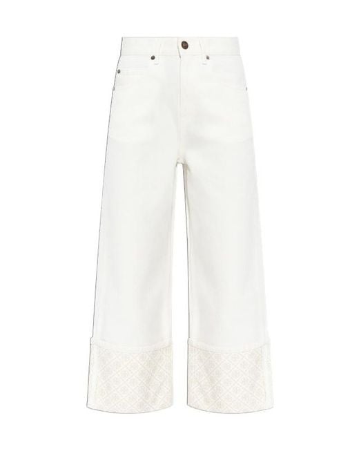 Tory Burch White Turn-Up Wide-Leg Jeans