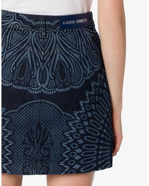 Alberta Ferretti Blue Patterned Denim Mini Skirt