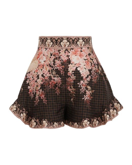 Zimmermann Brown Illuminate Floral Printed Flutter Shorts