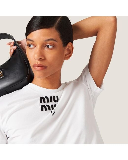 Miu Miu White Embroidered Cotton T-Shirt