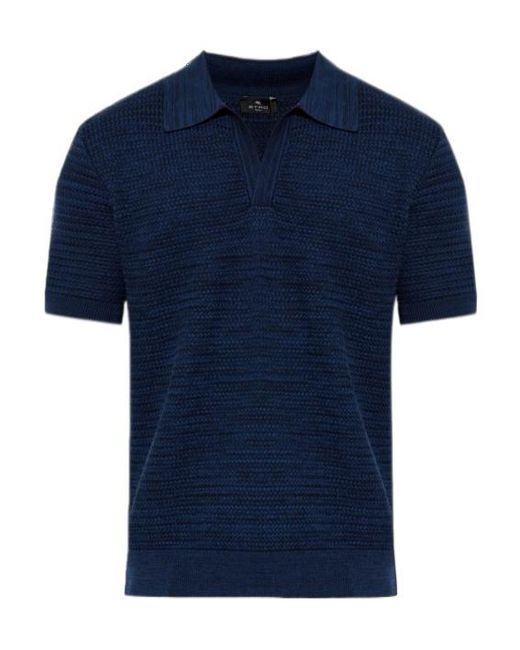 Etro Blue Textured Knit Polo Shirt for men