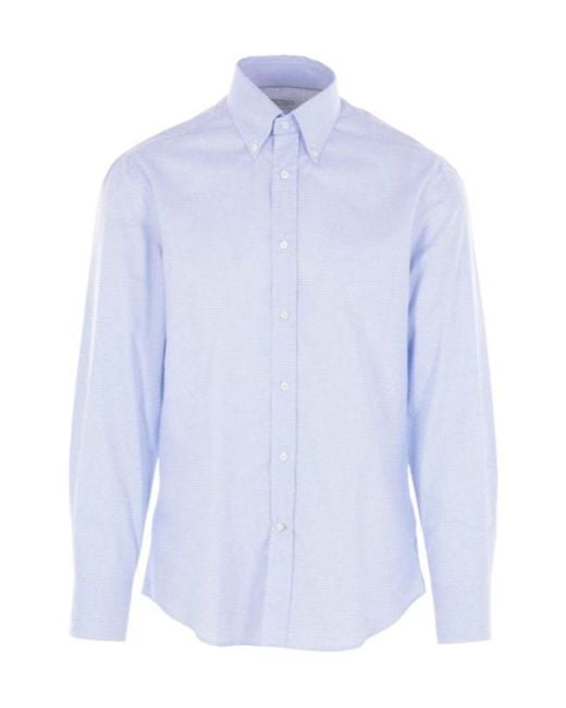 Brunello Cucinelli Blue Striped Curved Hem Shirt for men