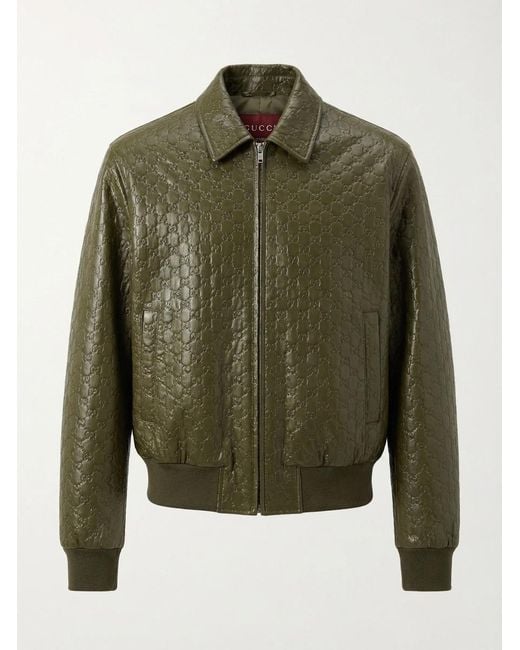 Gucci Green Monogram Two-Welt-Pockets Relaxed-Fit Leather Jacket
