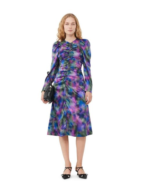 Ganni Purple Silk Satin O-Neck Midi Dress