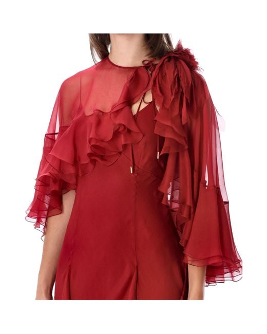 Alberta Ferretti Red Ruffled Crewneck Chiffon Gown
