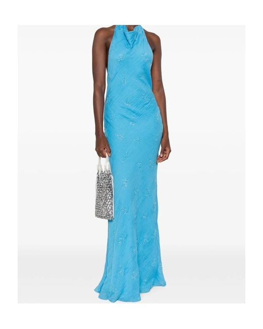 Staud Blue Roselle Beaded Halterneck Maxi Dress