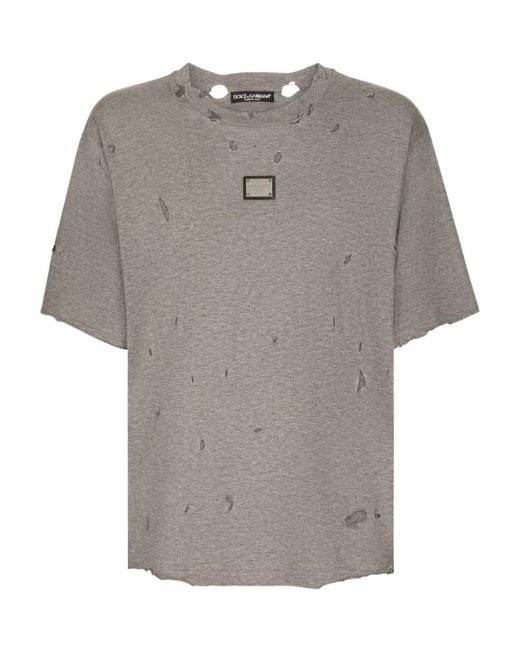 Dolce & Gabbana Gray Distressed Logo-Plaque T-Shirt for men