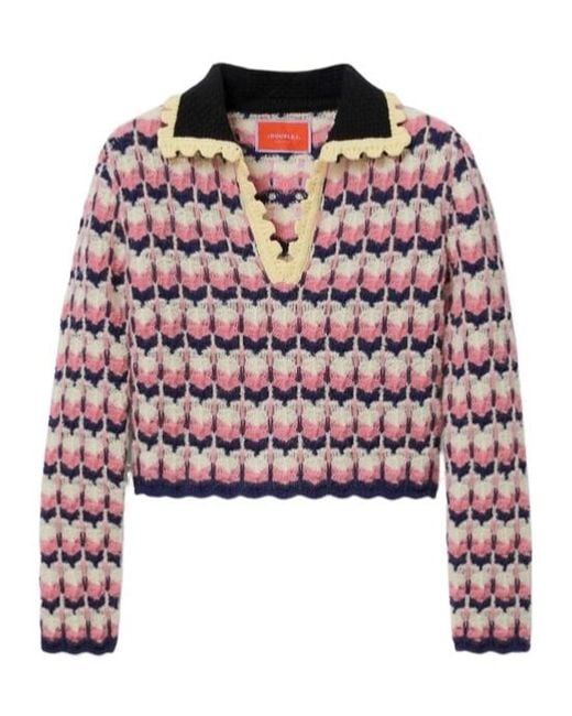 LaDoubleJ Red Crochet-Trimmed Geometric-Pattern Sweater