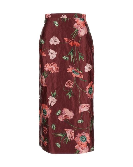 Erdem Floral-Print Textured-Satin Skirt