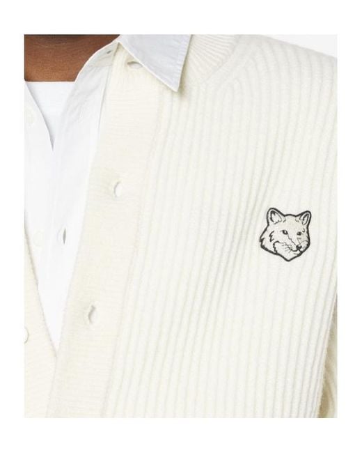 Maison Kitsuné White Maison Kitsuné Fox Head Ribbed Knit Cardigan for men