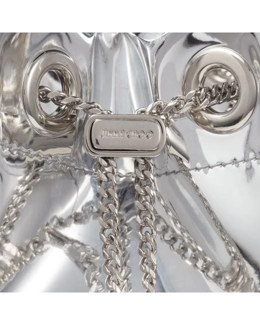 Jimmy Choo White Bon Bon Metallic Drawstring Mini Bucket Bag